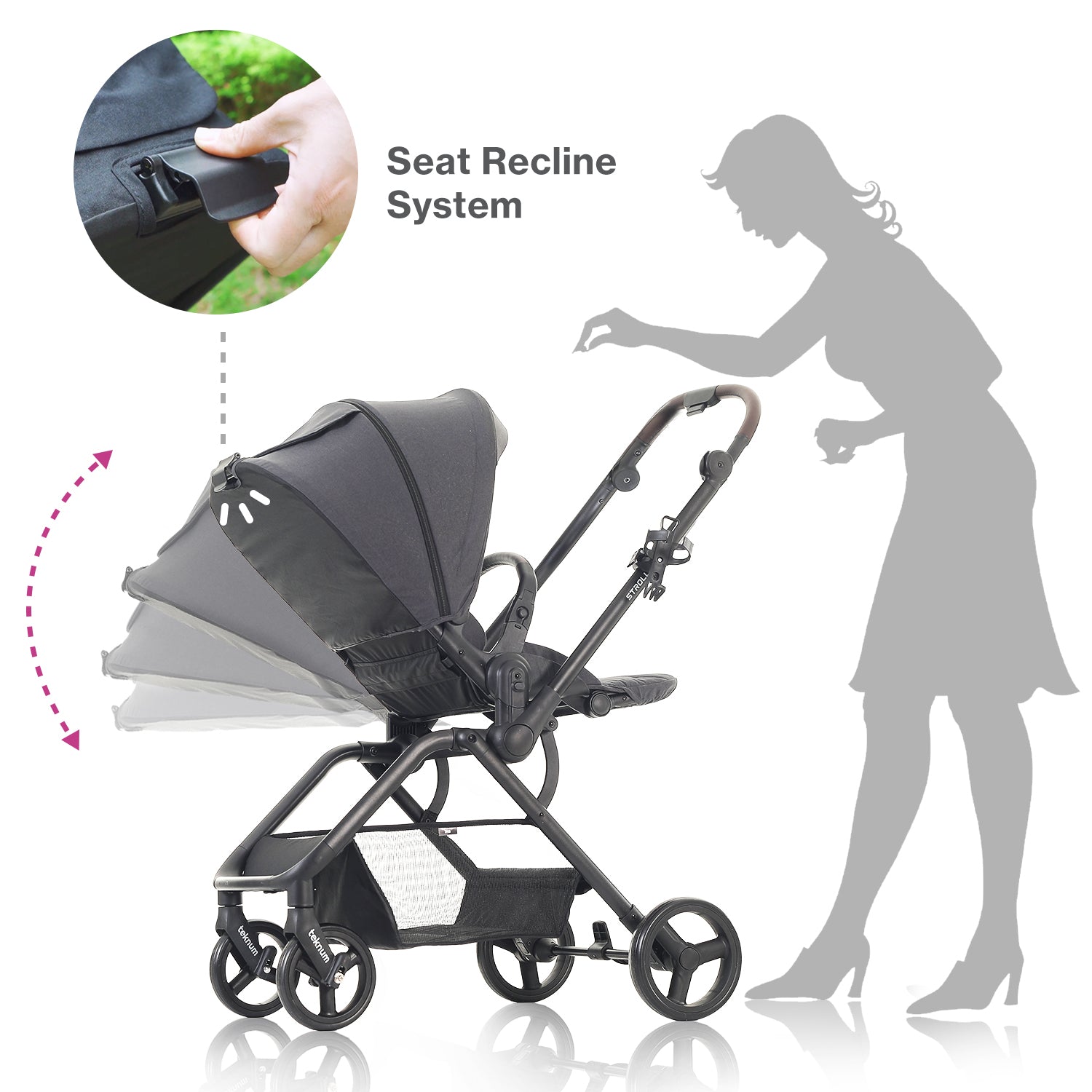 Teknum Stroll 1 Reversible Travel Stroller w/ Diaper Bag Set – Black
