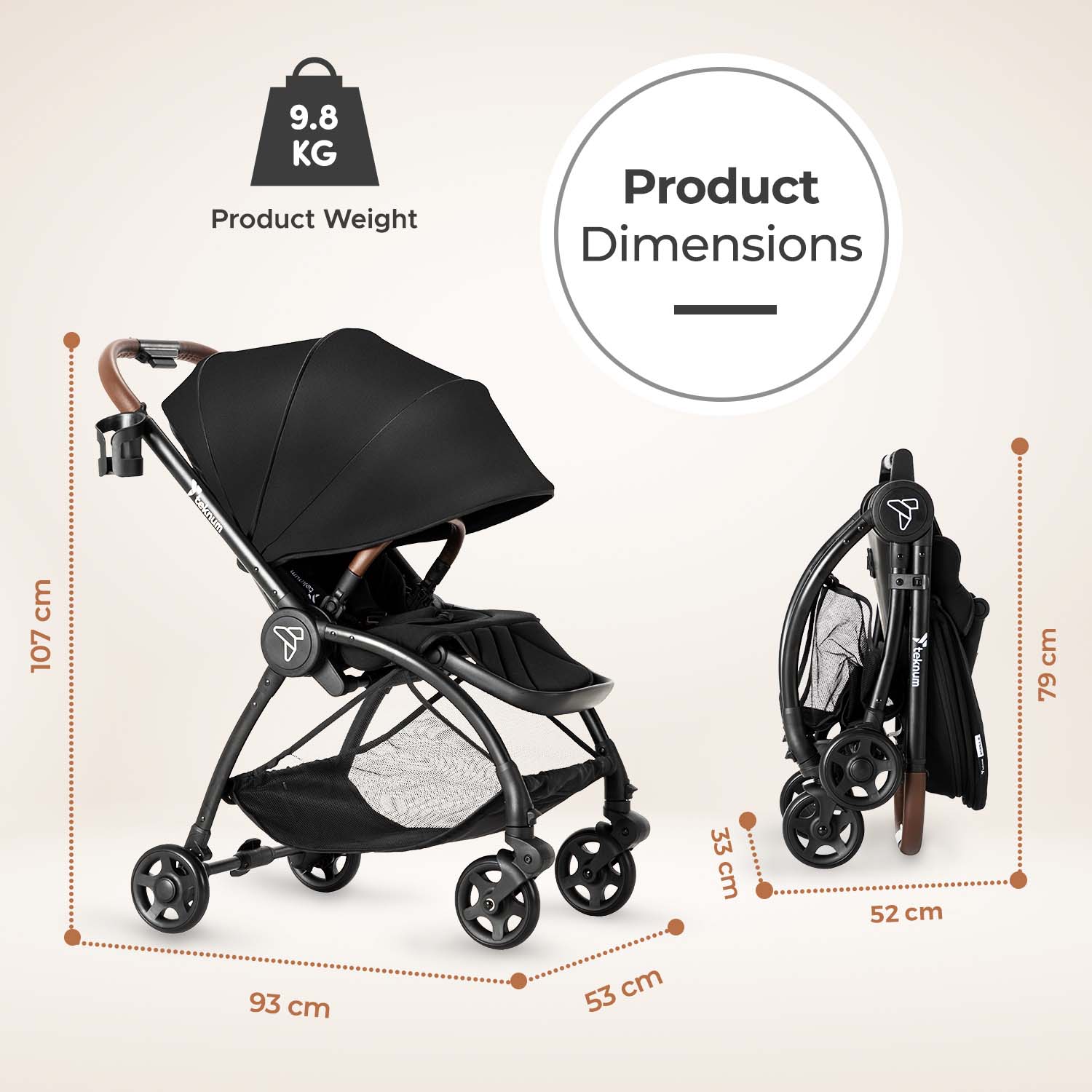 Teknum Stroll 2 Reversible Travel Stroller w/ Quilted Diaper Backpack – Black