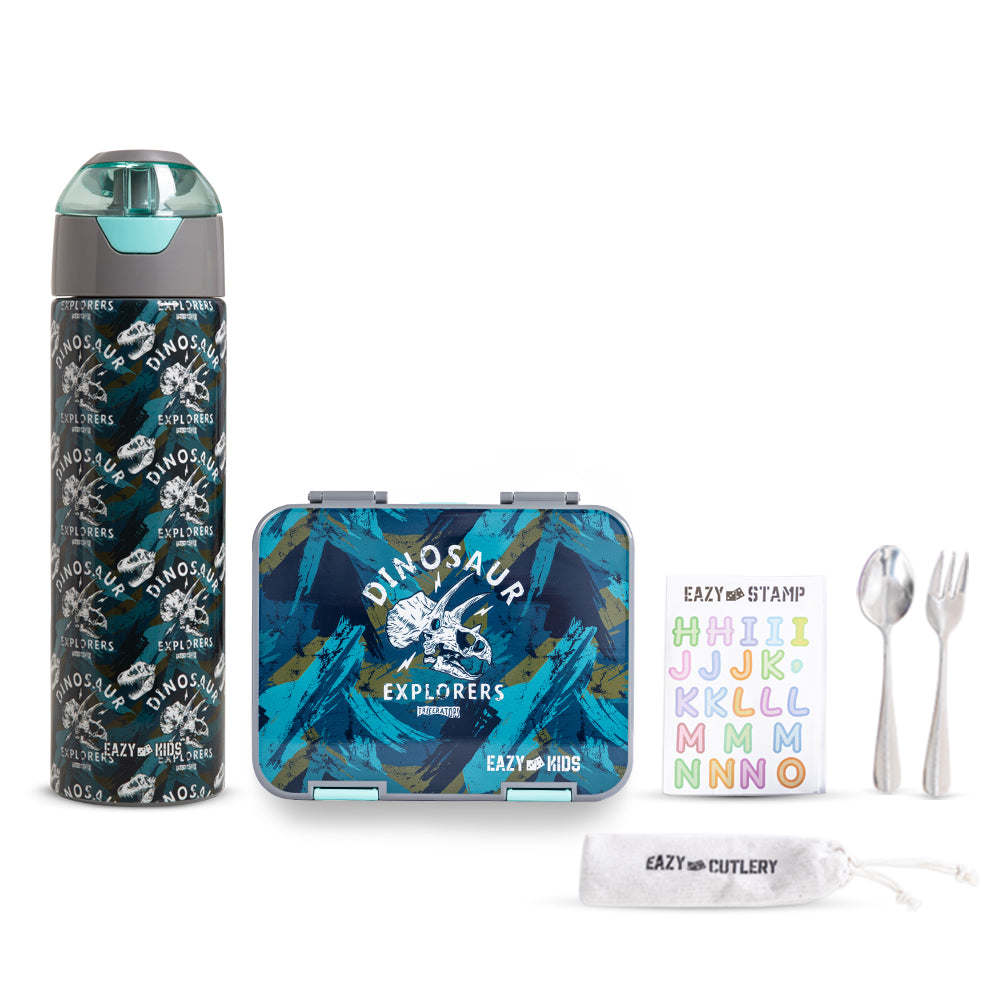 Eazy Kids 6 & 4 Convertible Bento Lunch Box w/ Water Bottle - T-Rex Grey