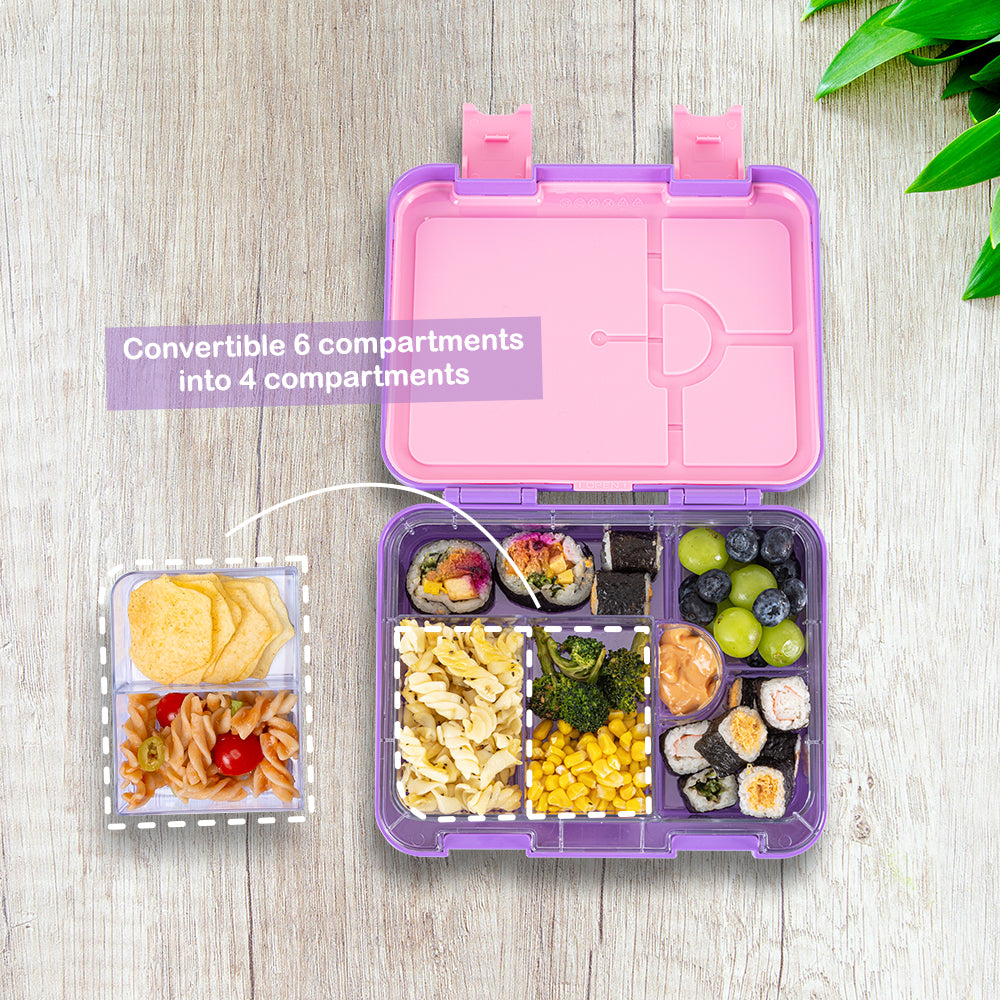 EAZY KIDS 6 & 4 Convertible Bento Lunch Box w/ Water Bottle, Steel Spoon & Fork Set and Alphabets Sticker - Butterfly Purple