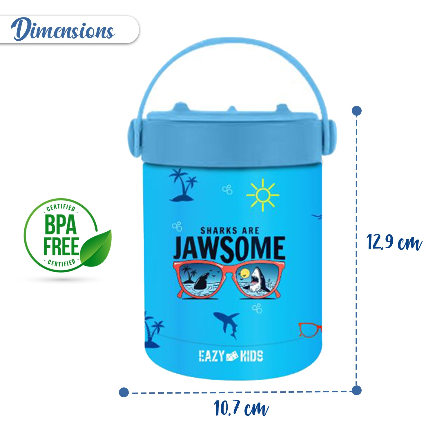 EAZY KIDS 6/4 Compartment Bento Lunch Box w/Lunch Bag and Steel Food Jar Jawsome - Blue