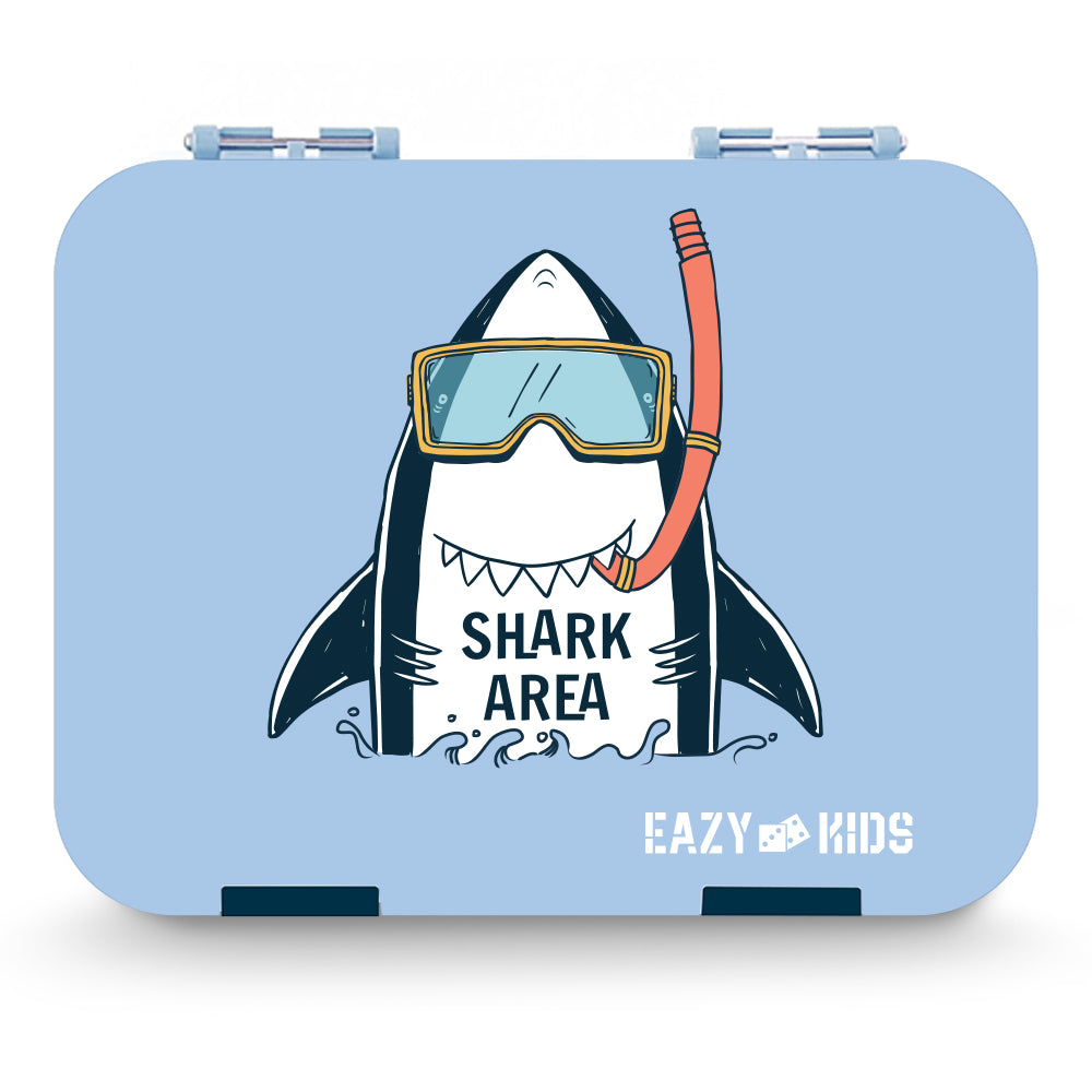 EAZY KIDS 4 Compartment Bento Lunch Box w/Lunch Bag and Steel Food Jar Shark - Blue