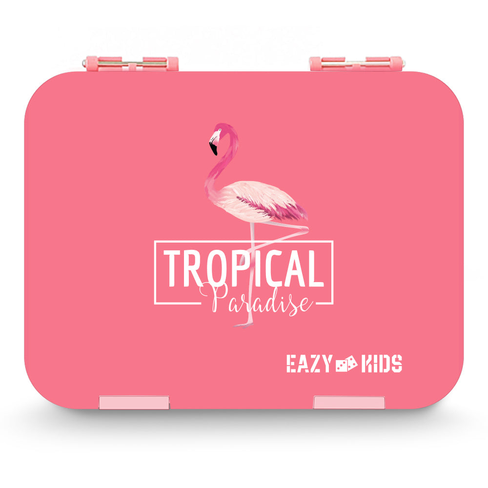 EAZY KIDS 6/4 Compartment Bento Lunch Box w/Lunch Bag and Steel Food Jar Tropical - Pink