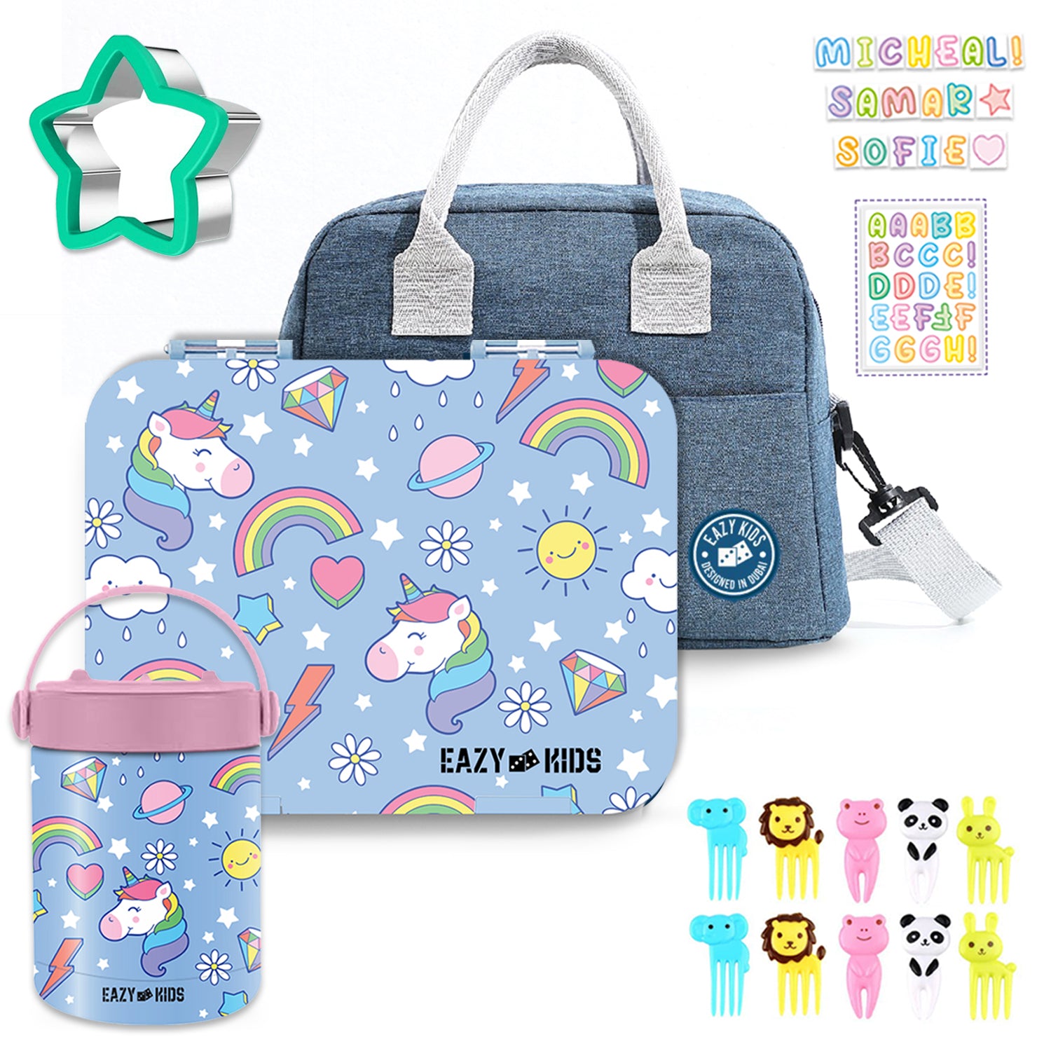 EAZY KIDS 4 Compartment Bento Lunch Box w/Lunch Bag and Steel Food Jar Unicorn - Blue