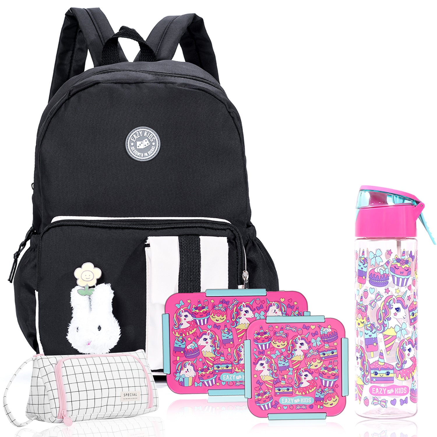 EAZY KIDS School Bag Combo Set of 5 Unicorn - Pink Black