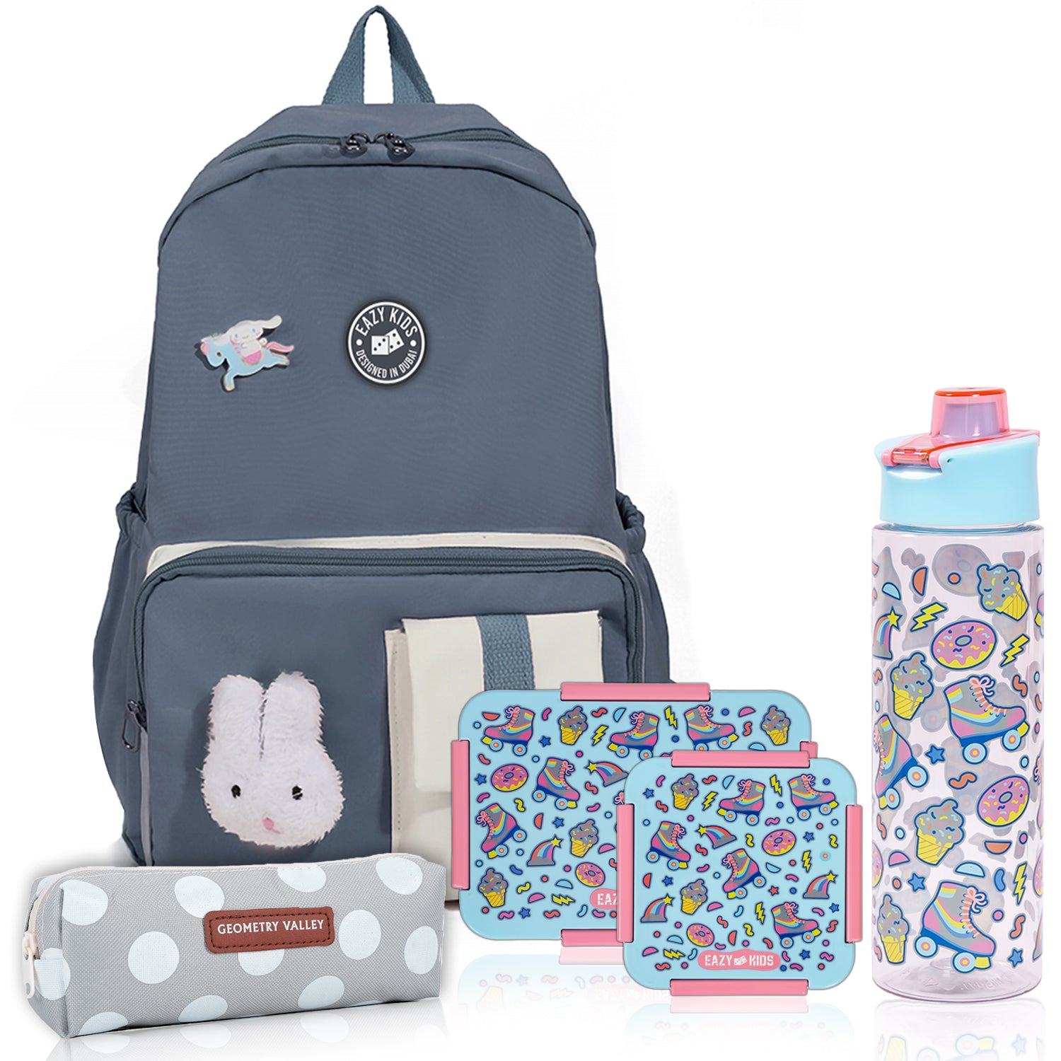 EAZY KIDS School Bag Combo Set of 5 Skater - Blue Grey