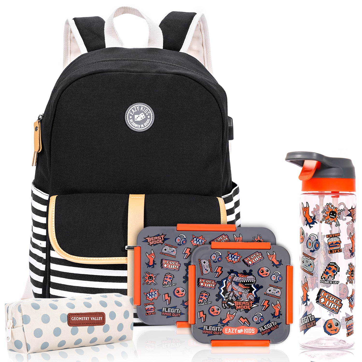 EAZY KIDS School Bag Combo Set of 5 Dinosaur - Grey Black