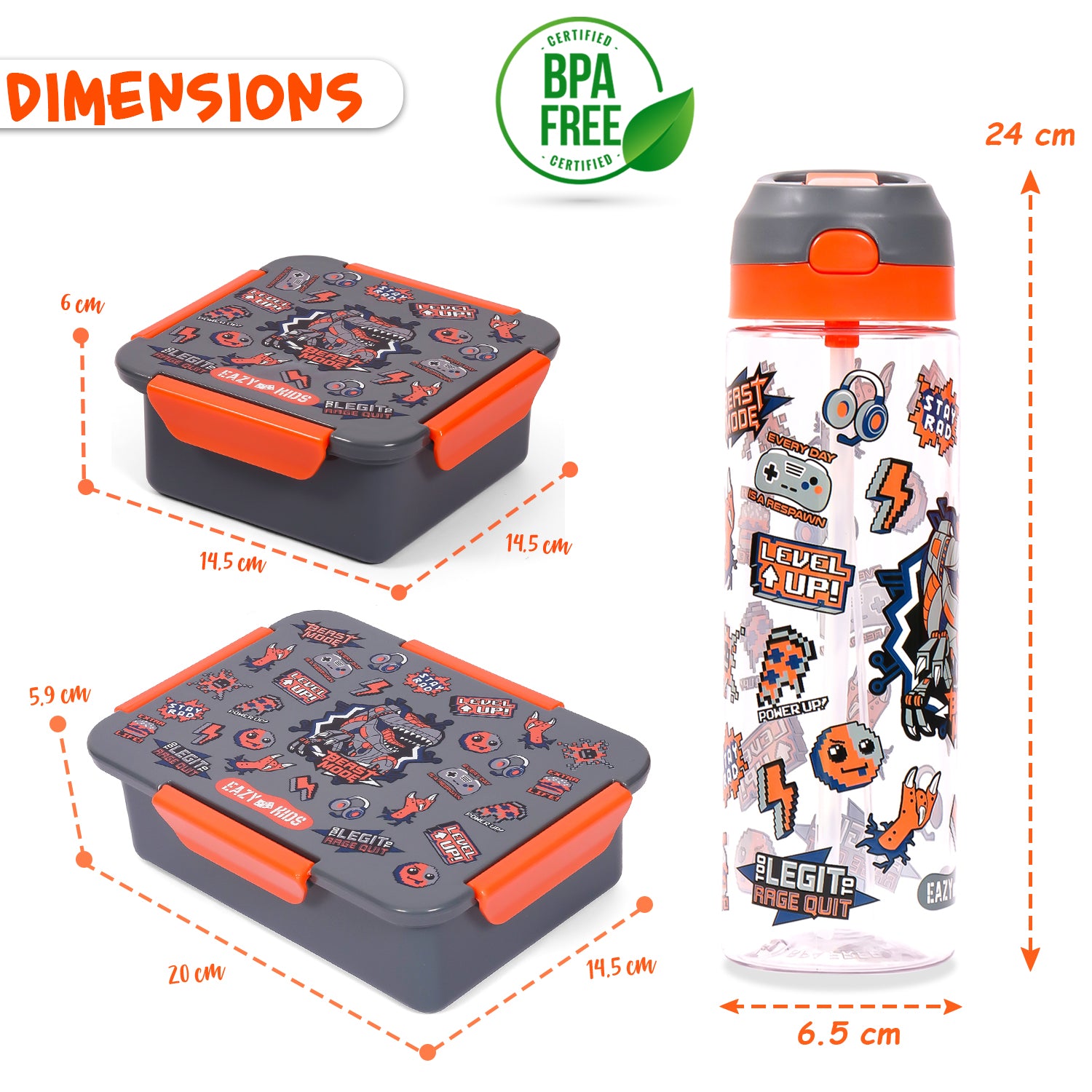 EAZY KIDS School Bag Combo Set of 5 Dinosaur - Grey Black