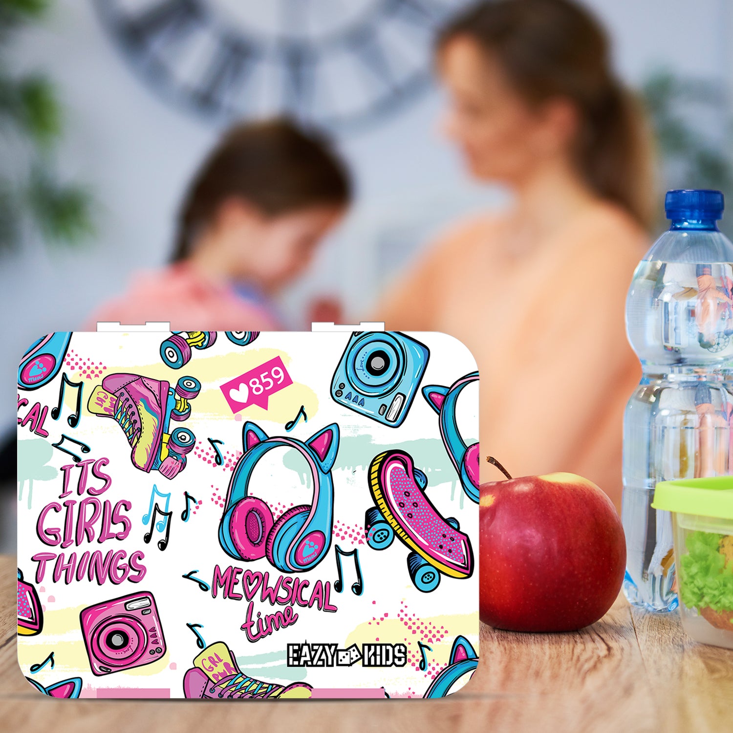 EAZY KIDS 5 & 4 Convertible Bento Lunch Box w/550ml Double Wall Water Bottle and Spoon Fork Set - It's Girl Thing Pink