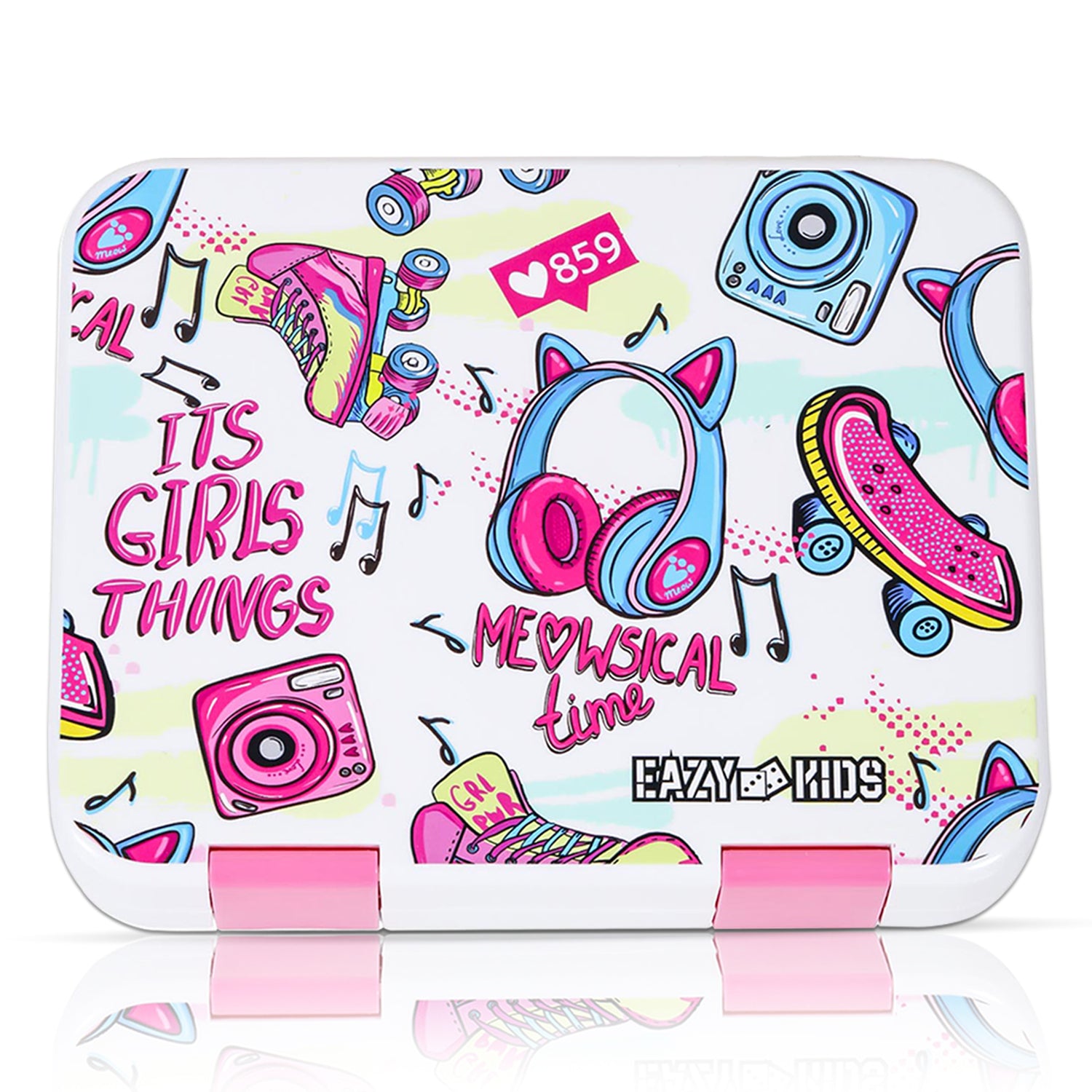 EAZY KIDS 5 & 4 Convertible Bento Lunch Box w/550ml Double Wall Water Bottle and Spoon Fork Set - It's Girl Thing Pink