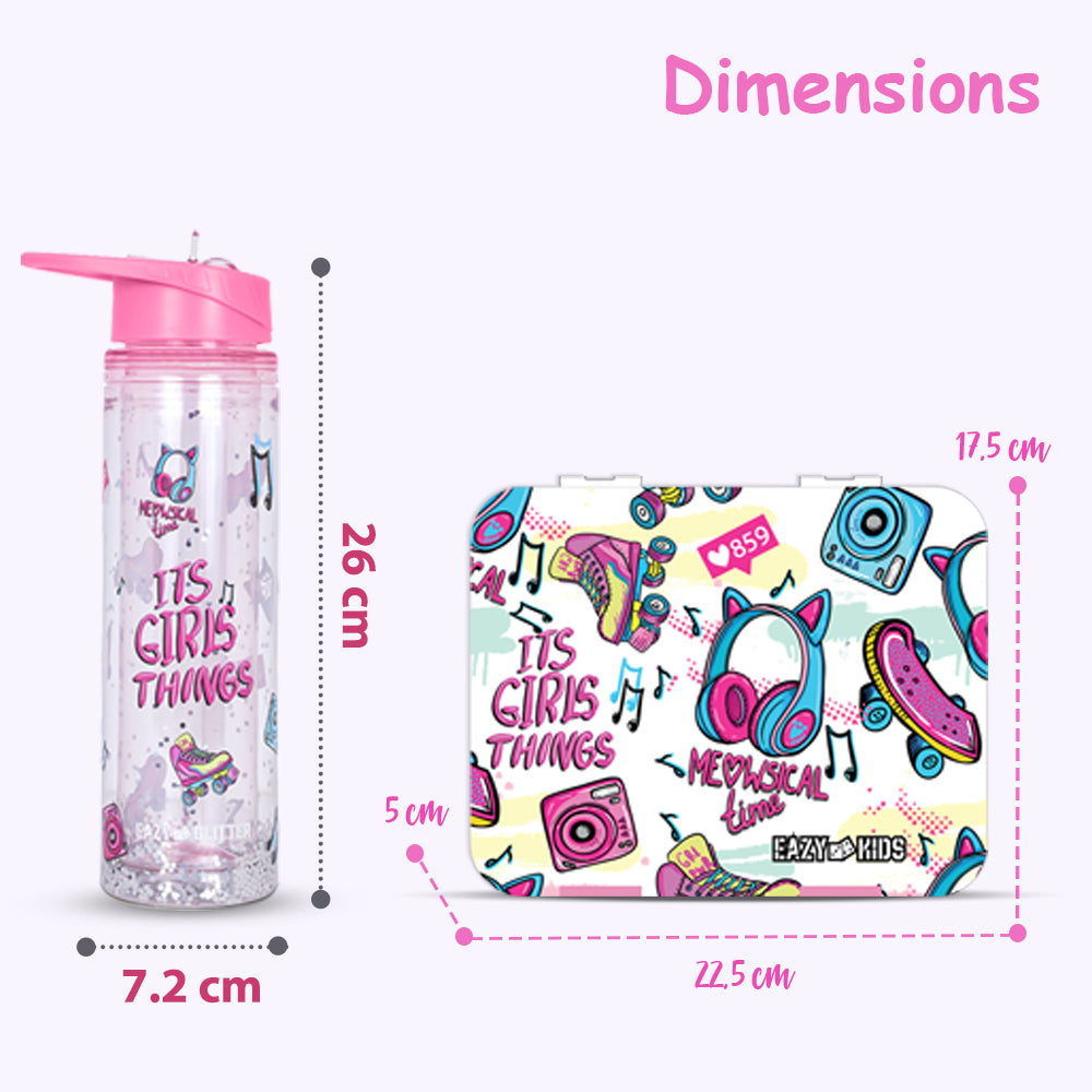 EAZY KIDS 5 & 4 Convertible Bento Lunch Box w/550ml Double Wall Water Bottle and Spoon Fork Set - It's Girl Thing Pink