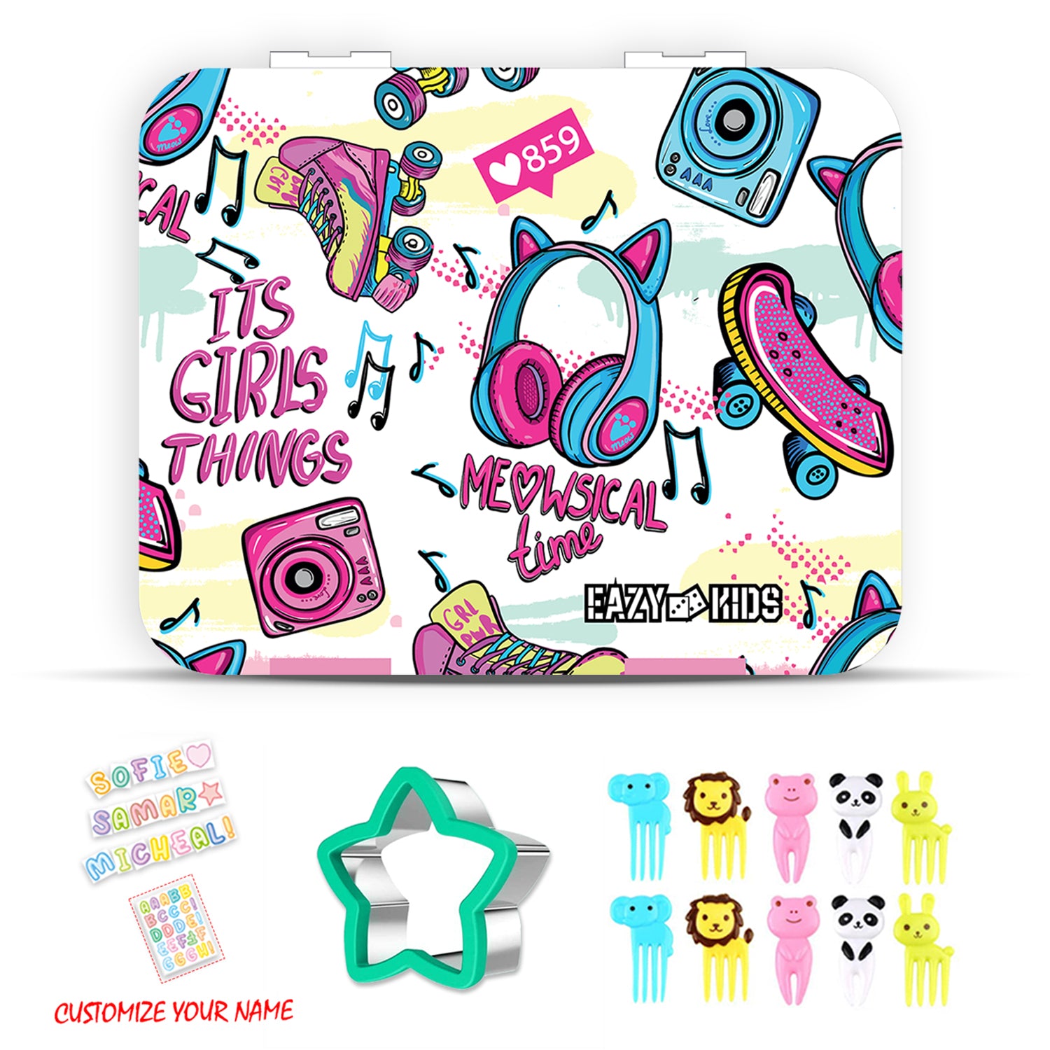 EAZY KIDS 5 & 4 Convertible Bento Lunch Box w/550ml Double Wall Water Bottle and Spoon Fork Set - It's Girl Thing Pink