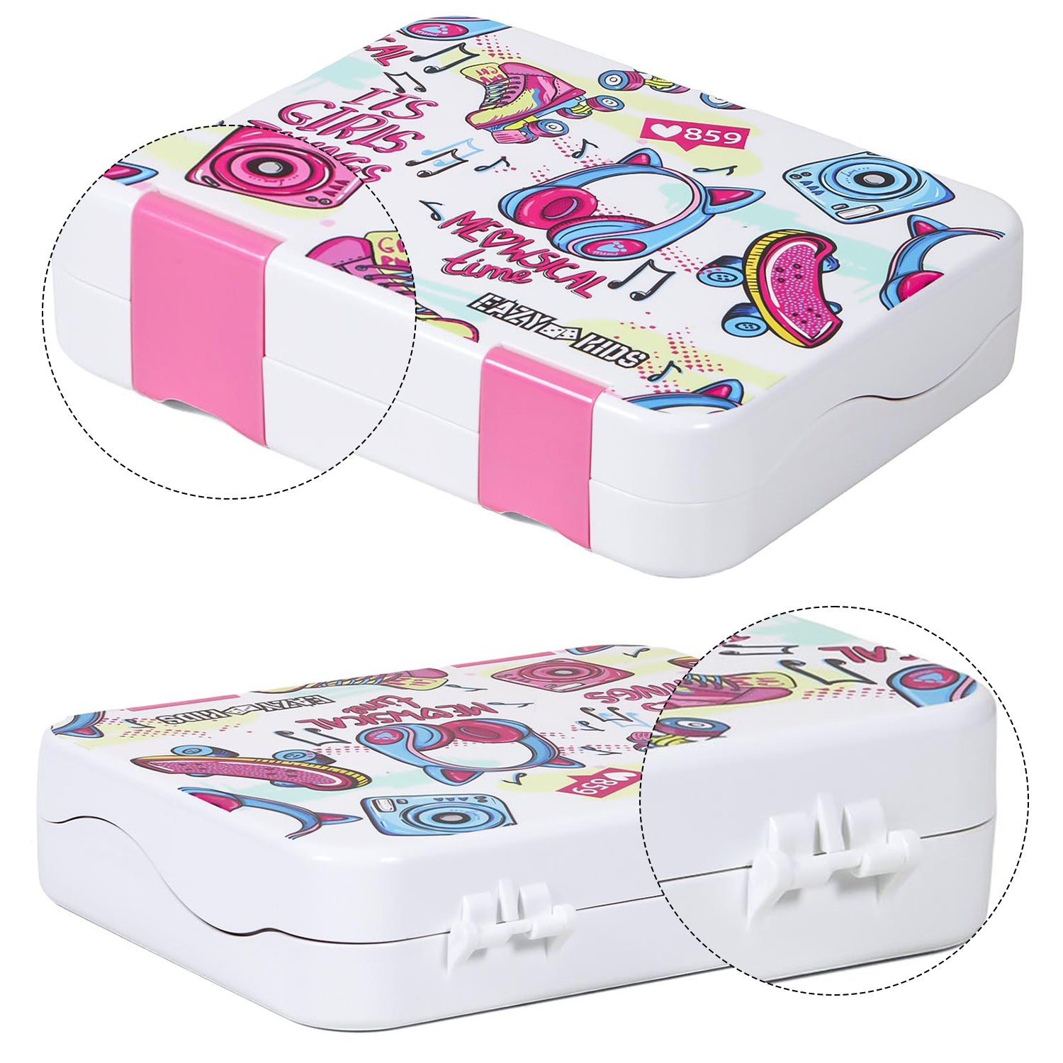 EAZY KIDS 5 & 4 Convertible Bento Lunch Box w/550ml Double Wall Water Bottle and Spoon Fork Set - It's Girl Thing Pink