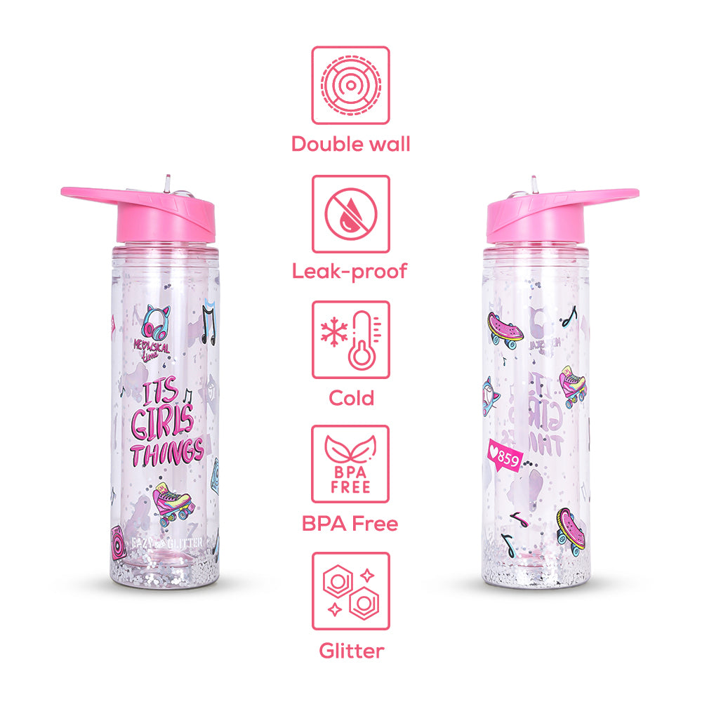 EAZY KIDS 6 & 4 Convertible Bento Lunch Box w/550ml Double Wall Water Bottle and Spoon Fork Set - Glitter Pink