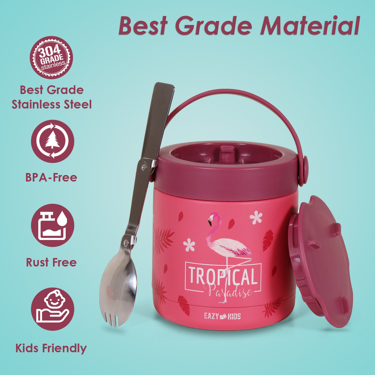EAZY KIDS 6 & 4 Convertible Bento Lunch Box with Stainless Steel 640ml Water Bottle and Sandwich Cutter Set & Food Jar - Tropical Pink