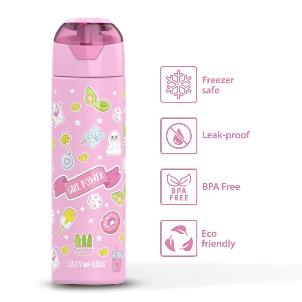 EAZY KIDS 5 & 4 Convertible Bento Lunch Box with Stainless Steel 640ml Water Bottle and Sandwich Cutter Set - Girl Power Pink