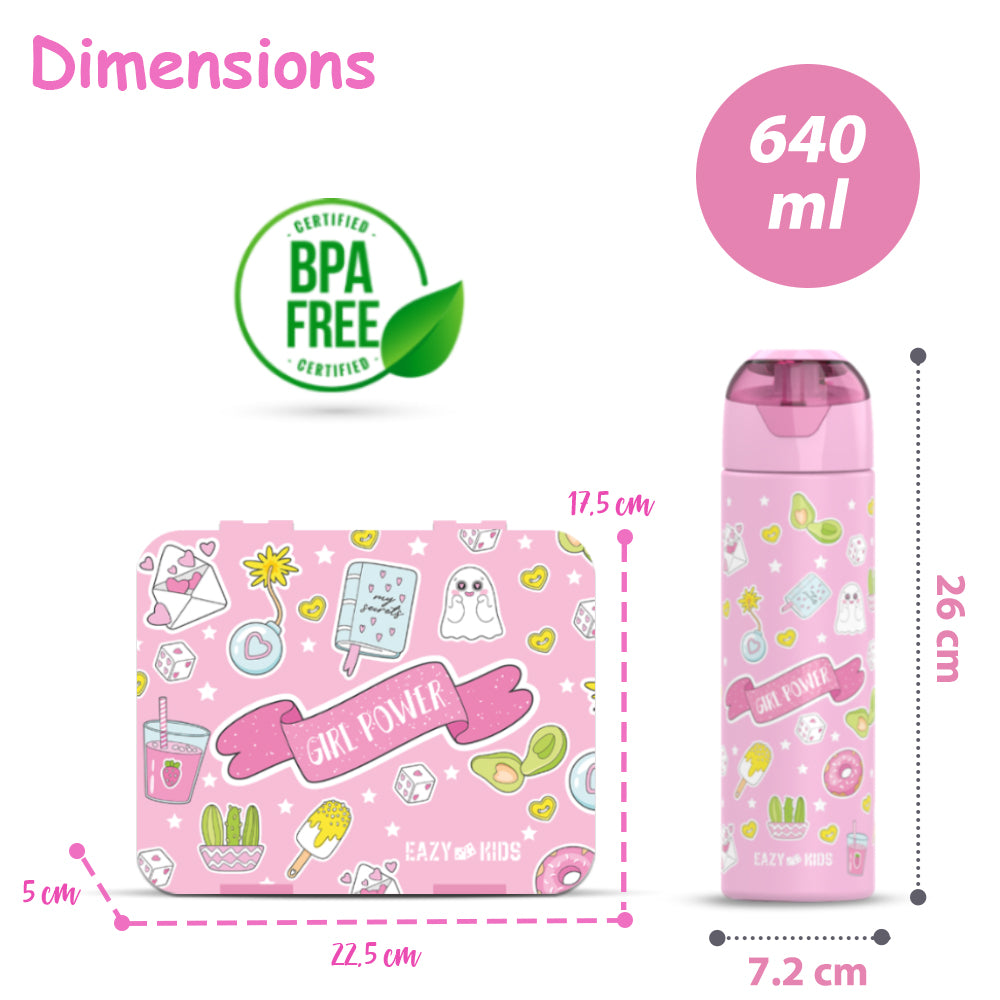 EAZY KIDS 5 & 4 Convertible Bento Lunch Box with Stainless Steel 640ml Water Bottle and Sandwich Cutter Set - Girl Power Pink