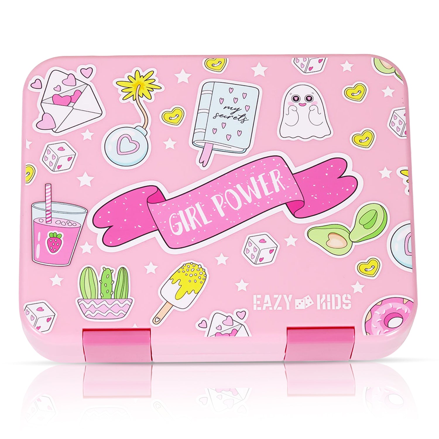 EAZY KIDS 5 & 4 Convertible Bento Lunch Box with Stainless Steel 640ml Water Bottle and Sandwich Cutter Set - Girl Power Pink