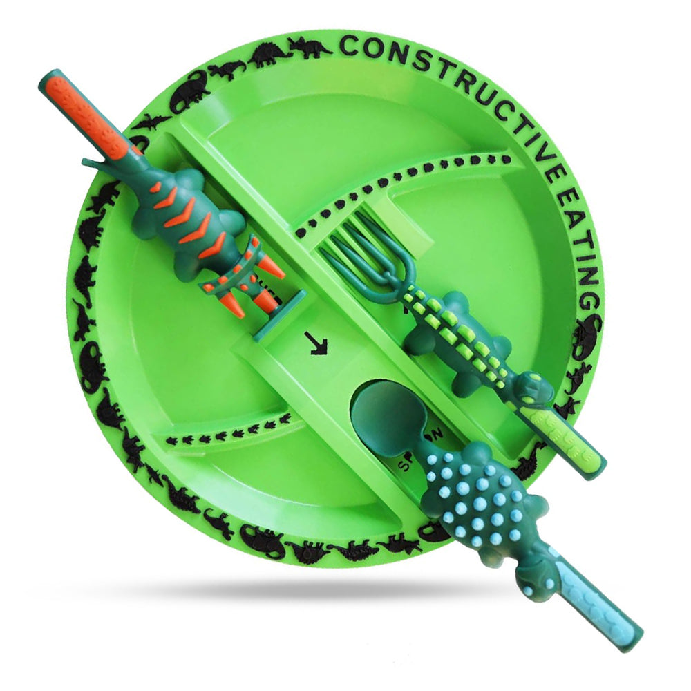 EAZY KIDS Eating Plate w/Spoon, Fork & Pusher - Dinosaur