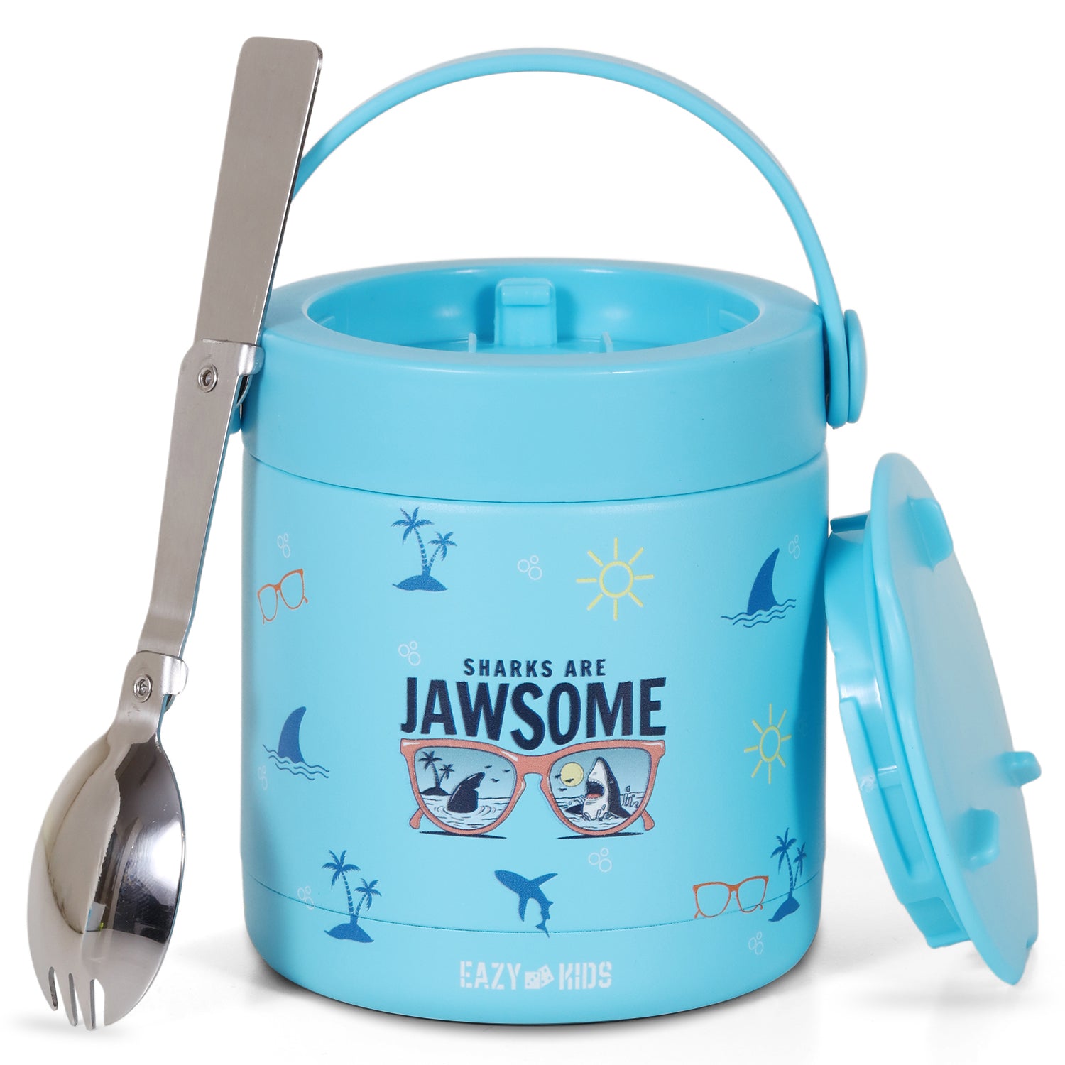 EAZY KIDS 6/4 Compartment Bento Lunch Box w/2in1 Tritan Water Bottle and Steel Food Jar Jawsome - Blue