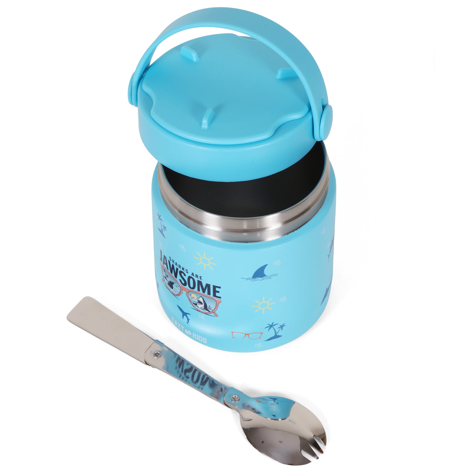 EAZY KIDS 6/4 Compartment Bento Lunch Box w/2in1 Tritan Water Bottle and Steel Food Jar Jawsome - Blue