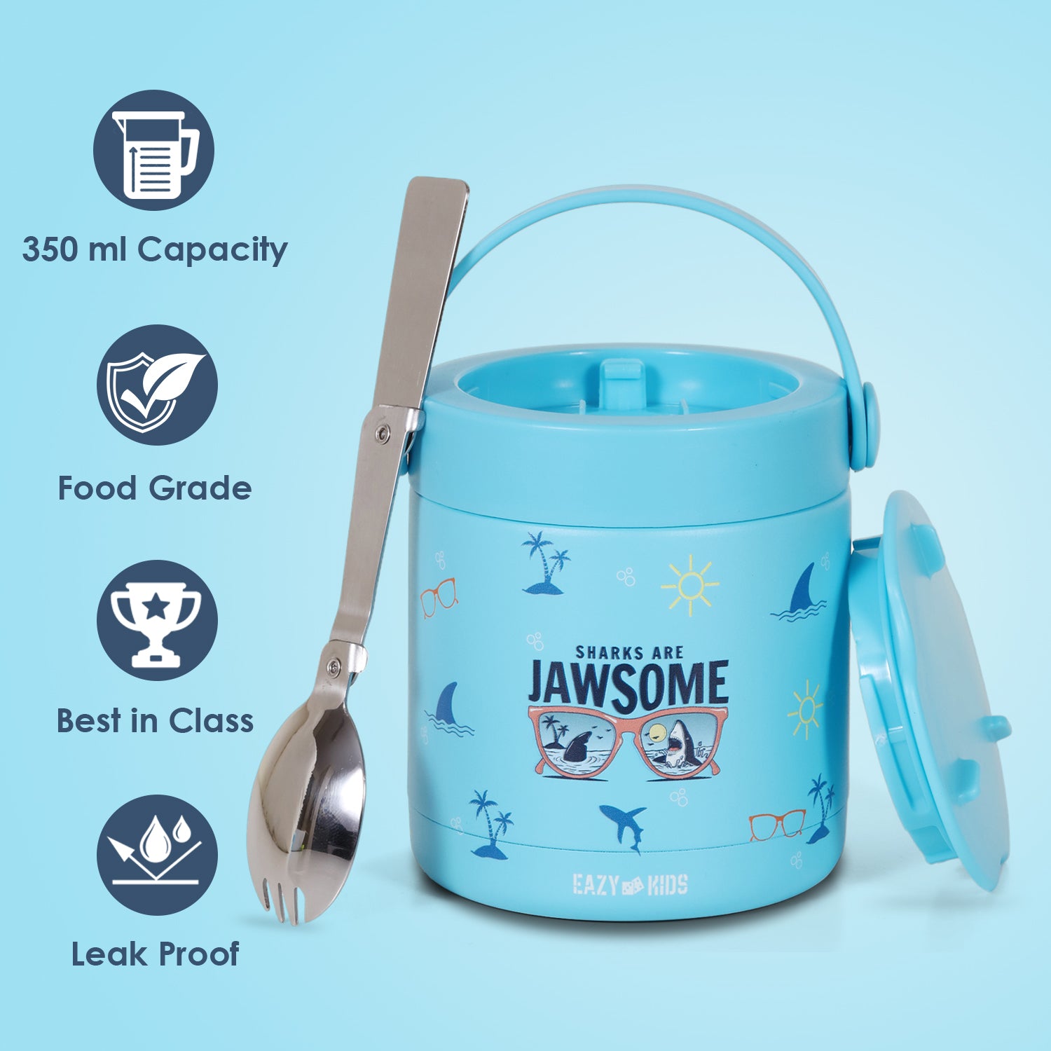 EAZY KIDS 6/4 Compartment Bento Lunch Box w/2in1 Tritan Water Bottle and Steel Food Jar Jawsome - Blue