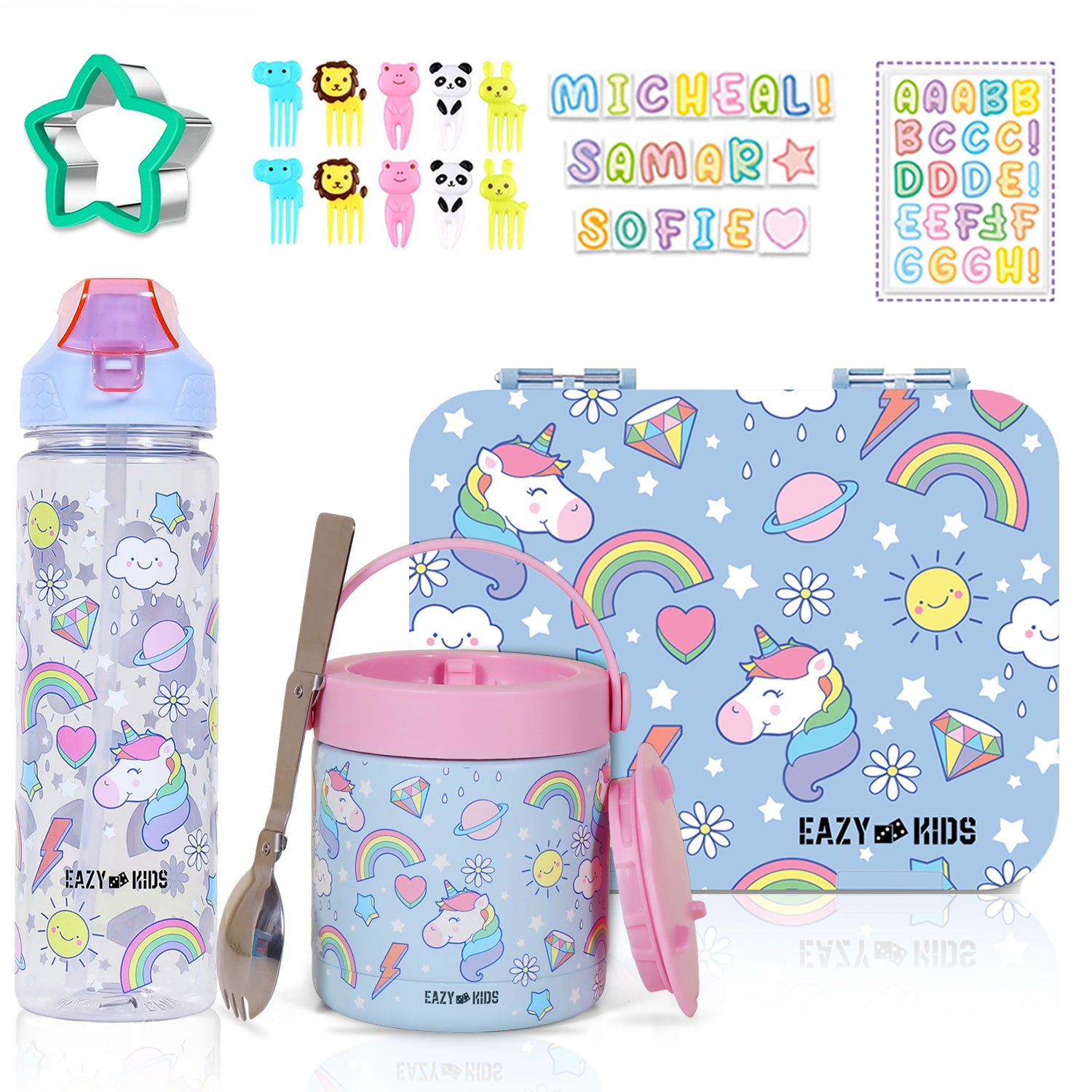 EAZY KIDS 4 Compartment Bento Lunch Box w/2in1 Tritan Water Bottle and Steel Food Jar Unicorn - Blue