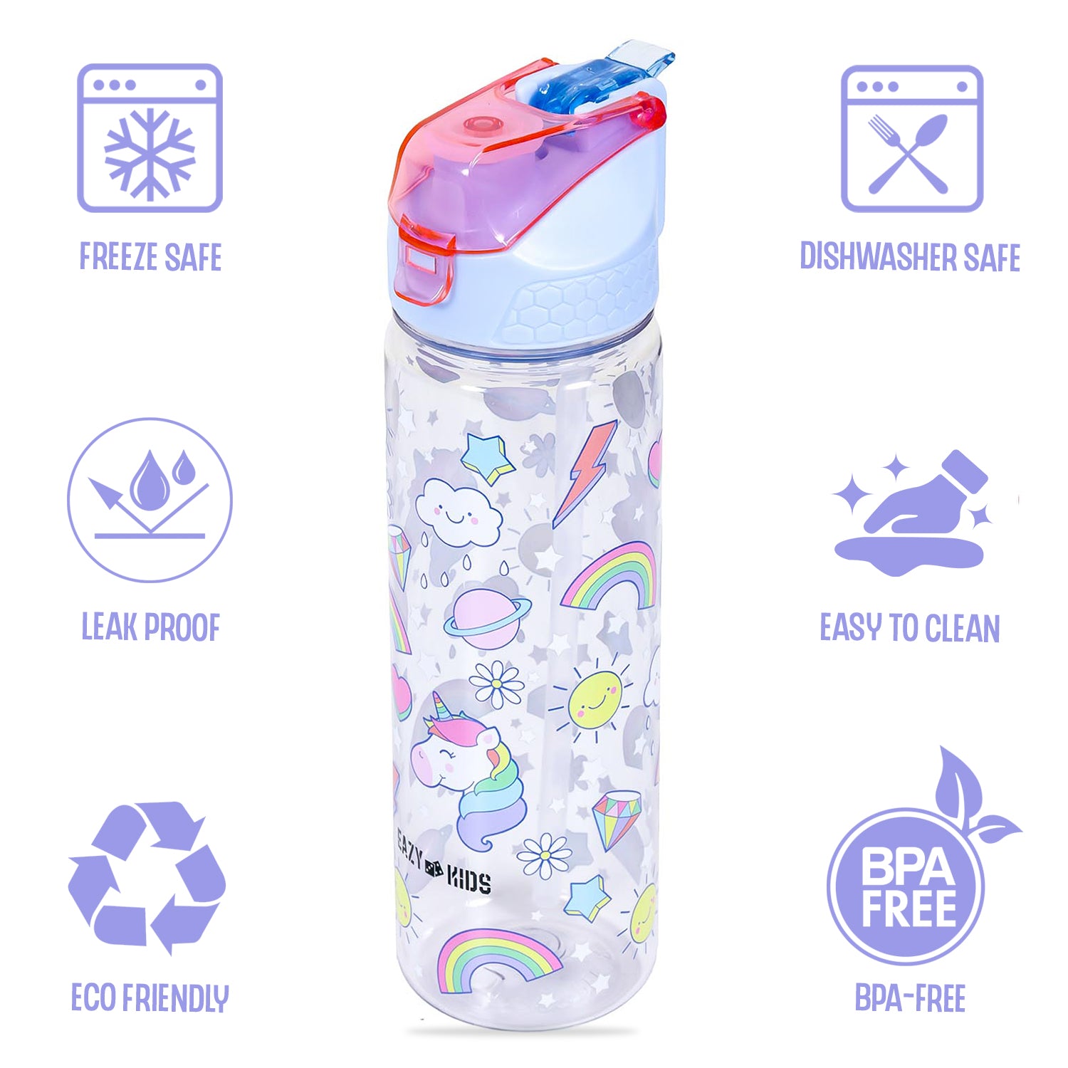 EAZY KIDS 4 Compartment Bento Lunch Box w/2in1 Tritan Water Bottle and Steel Food Jar Unicorn - Blue