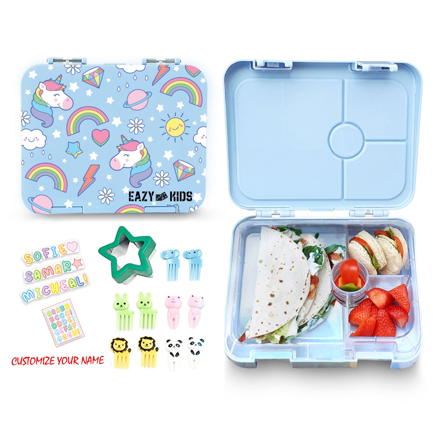 EAZY KIDS 4 Compartment Bento Lunch Box w/2in1 Tritan Water Bottle and Steel Food Jar Unicorn - Blue