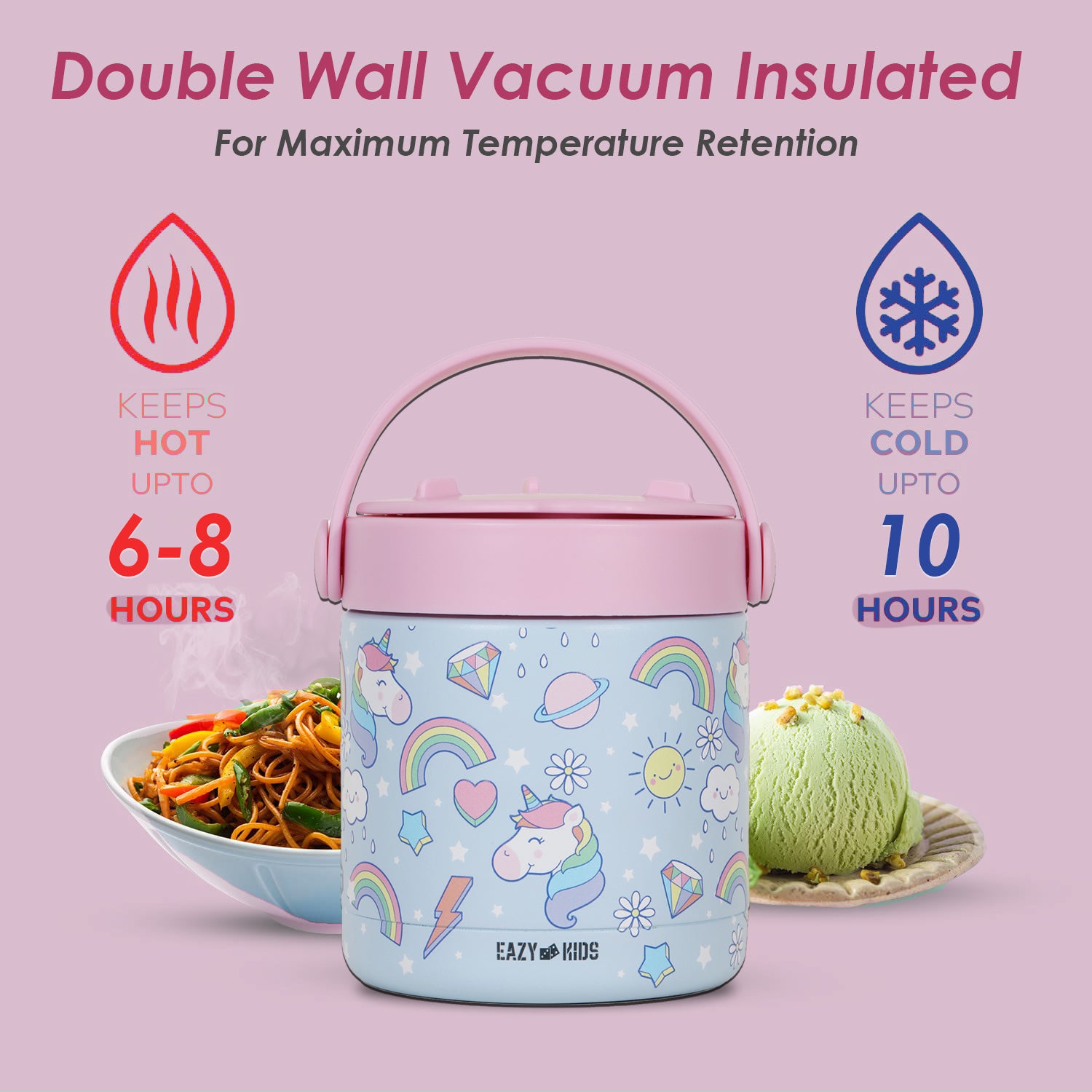 EAZY KIDS 4 Compartment Bento Lunch Box w/2in1 Tritan Water Bottle and Steel Food Jar Unicorn - Blue