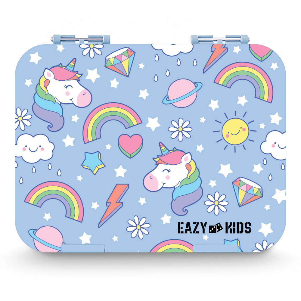 EAZY KIDS 4 Compartment Bento Lunch Box w/2in1 Tritan Water Bottle and Steel Food Jar Unicorn - Blue