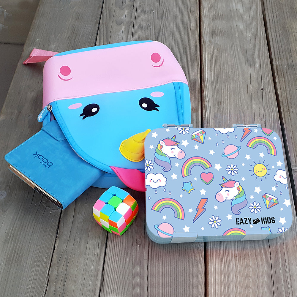 EAZY KIDS 4 Compartment Bento Lunch Box w/2in1 Tritan Water Bottle and Steel Food Jar Unicorn - Blue