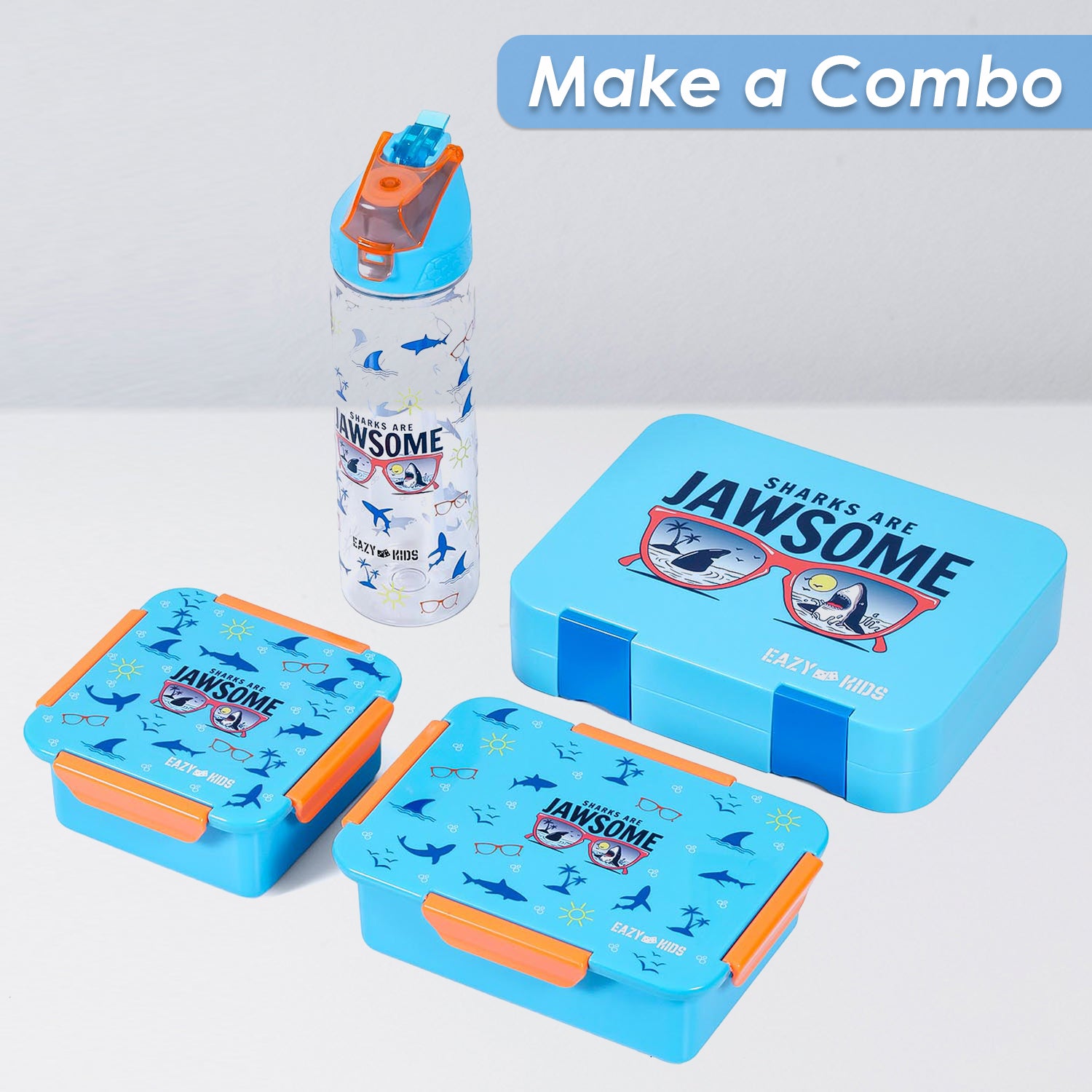 EAZY KIDS Lunch Box Set and Tritan Water Bottle w/2in1 drinking Flip lid and Sipper Unicorn - Blue