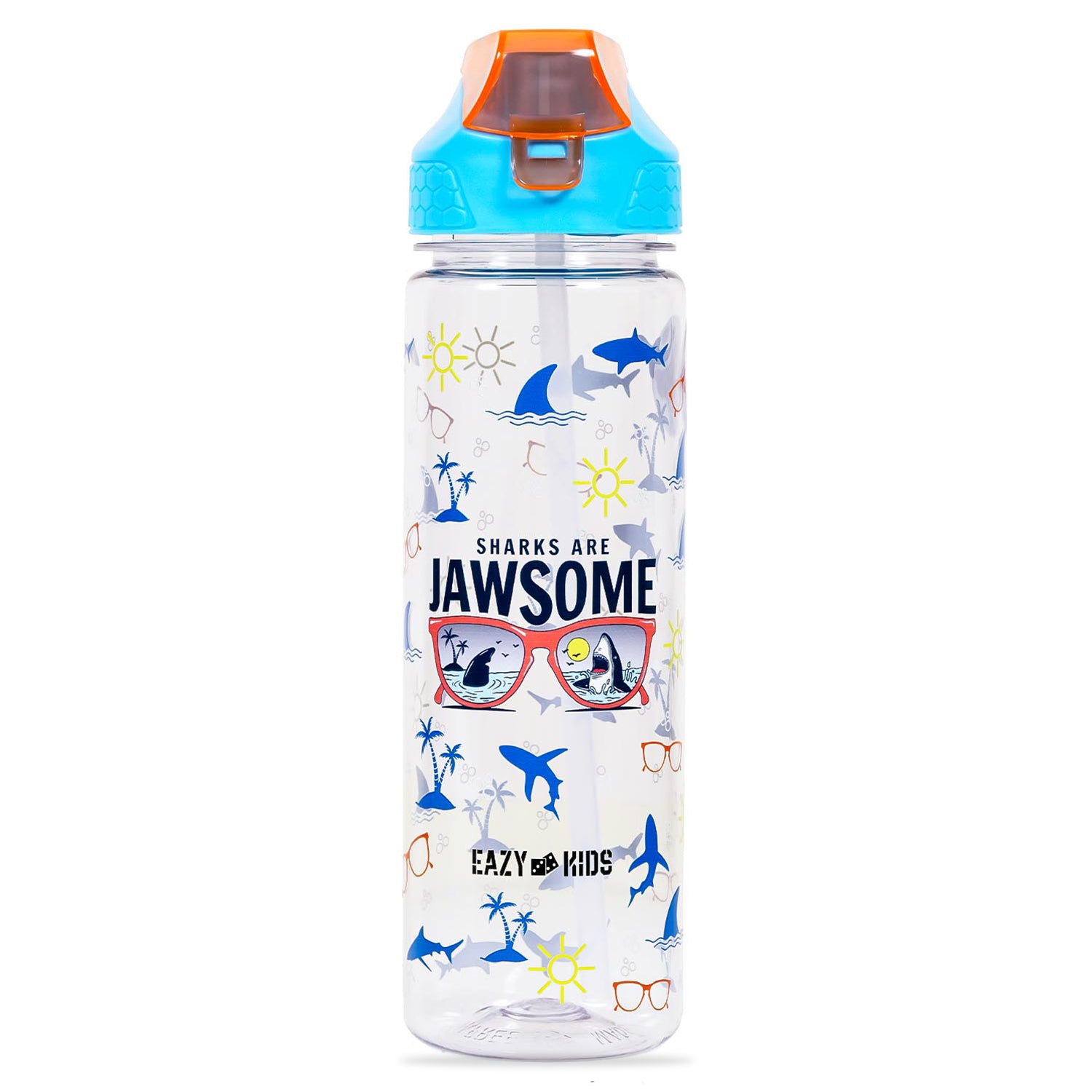 EAZY KIDS Lunch Box Set and Tritan Water Bottle w/2in1 drinking Flip lid and Sipper Jawsome - Blue