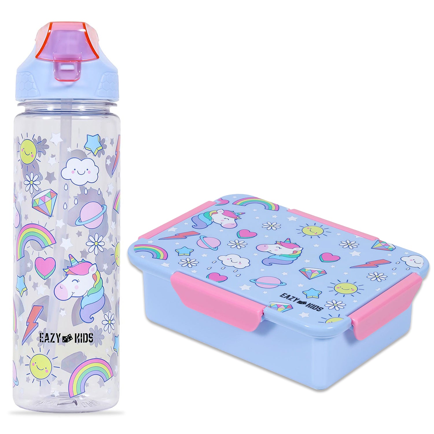 EAZY KIDS Lunch Box and Tritan Water Bottle w/2in1 drinking Flip lid and Sipper Unicorn - Blue