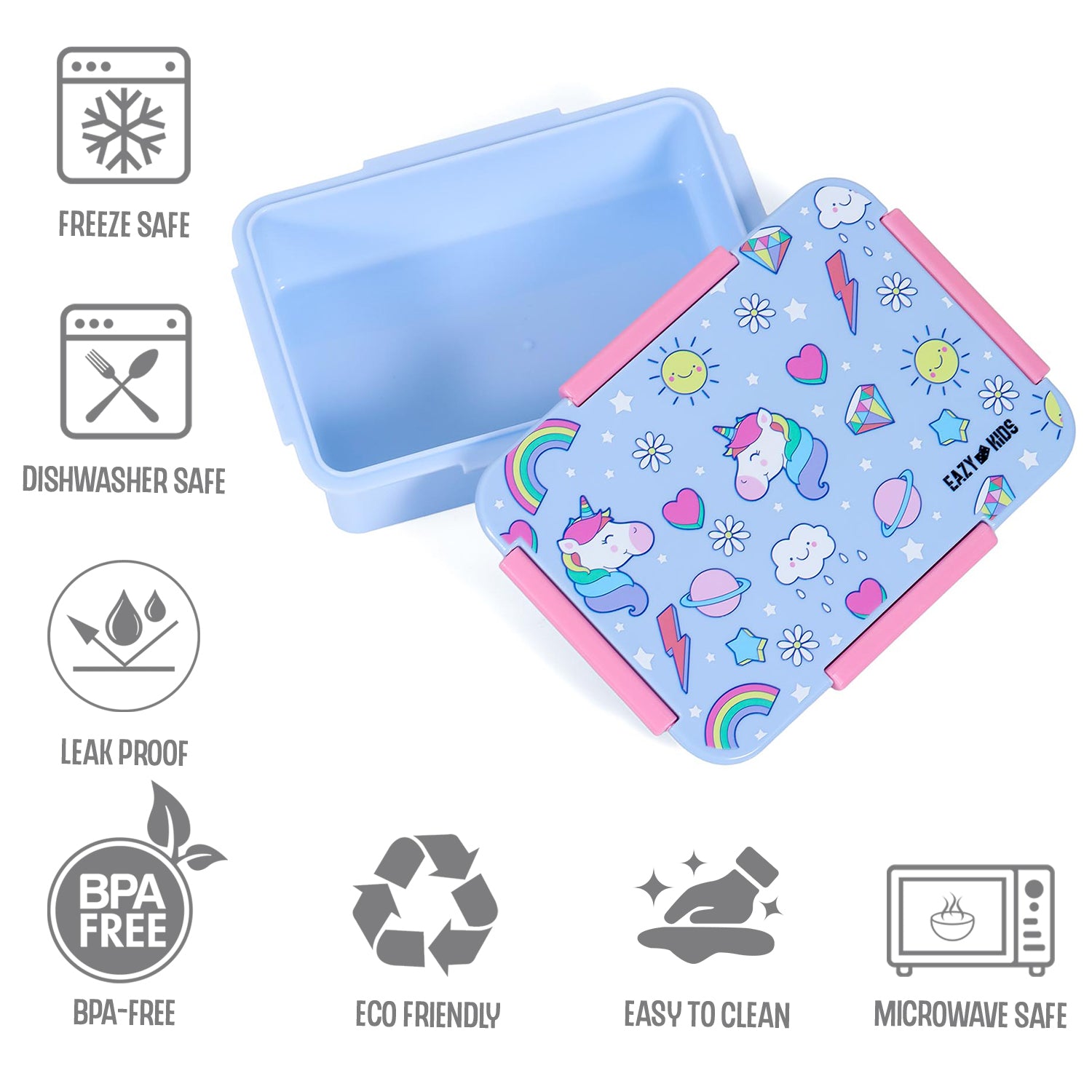 EAZY KIDS Lunch Box and Tritan Water Bottle w/2in1 drinking Flip lid and Sipper Unicorn - Blue