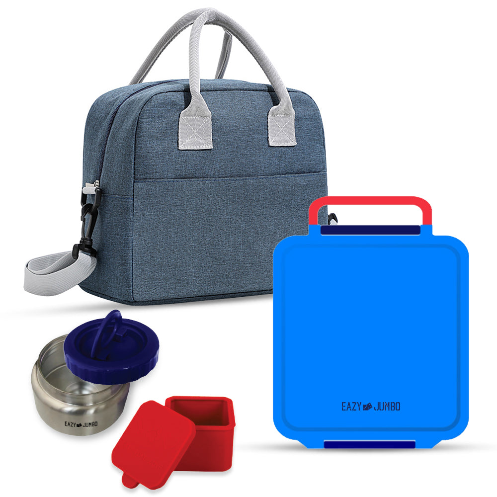 EAZY KIDS Jumbo Bento Lunch Box w/Lunch Bag and Thermos & Dip Jar- Blue
