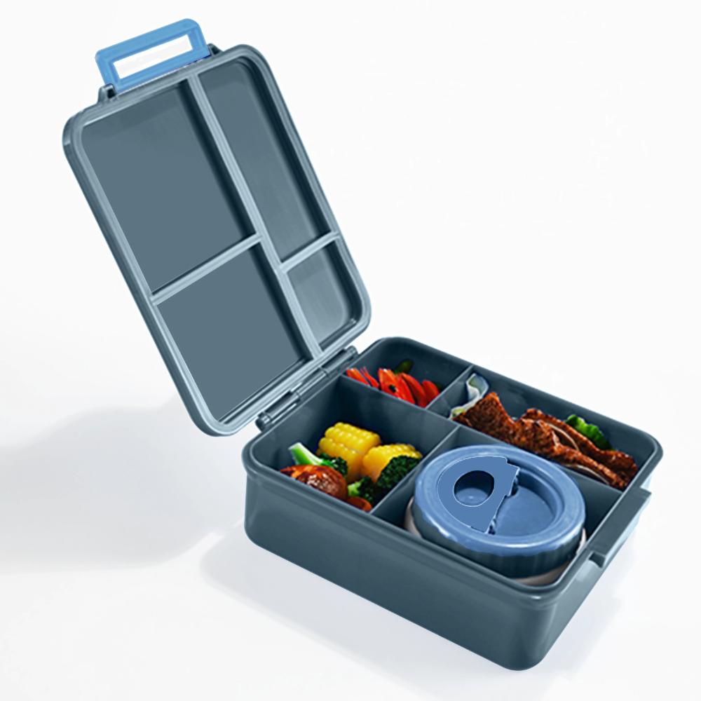 EAZY KIDS Jumbo Bento Lunch Box w/Lunch Bag and Thermos & Dip Jar- Grey