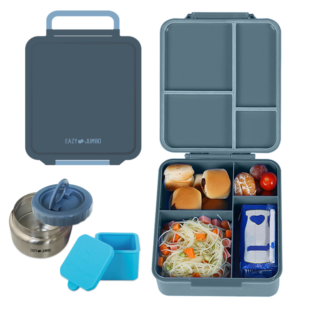 EAZY KIDS Jumbo Bento Lunch Box w/Lunch Bag and Thermos & Dip Jar- Grey