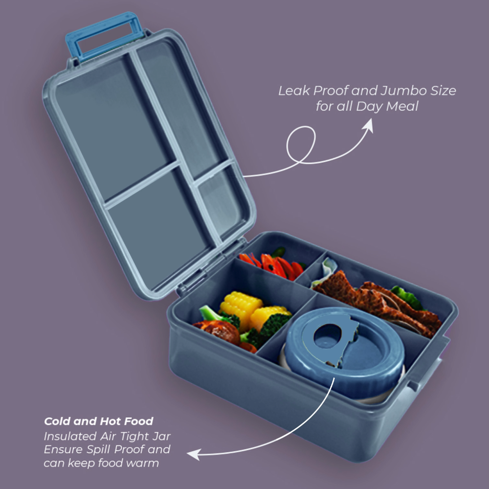 EAZY KIDS Jumbo Bento Lunch Box w/Lunch Bag and Thermos & Dip Jar- Grey