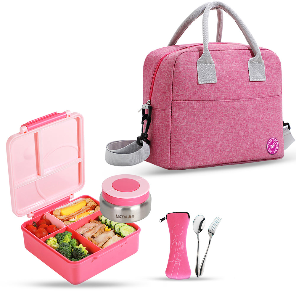 EAZY KIDS Jumbo Bento Lunch Box w/Pink Lunch Bag , Food Jar and Cutlery - Pink