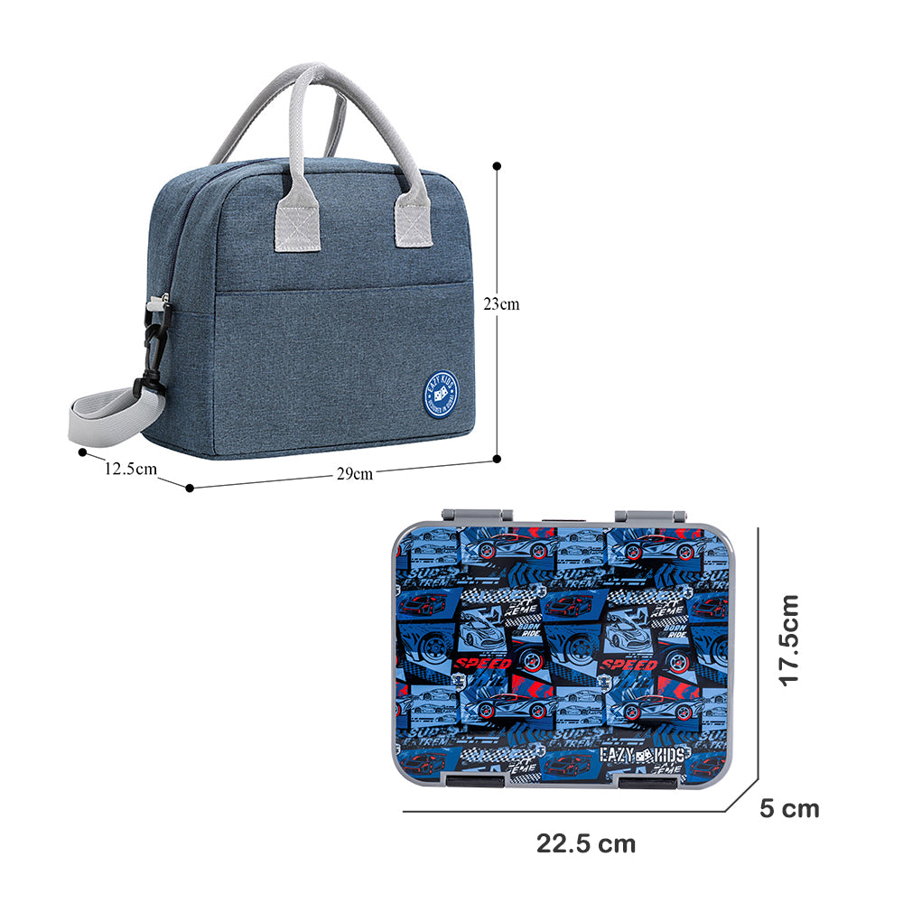 EAZY KIDS 6 & 4 Convertible Bento Lunch Box w/ Lunch Bag, Steel Spoon & Fork Set and Alphabets Sticker - Car Racing Blue