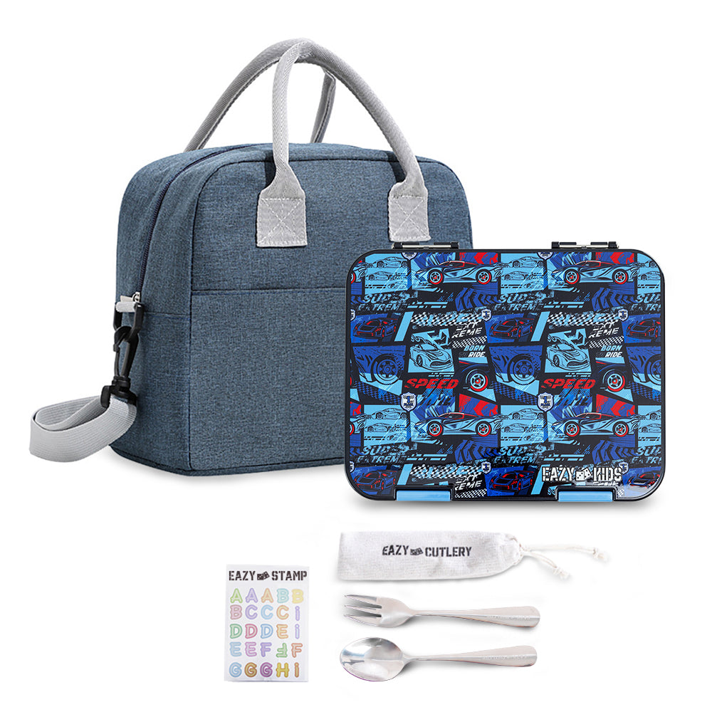 EAZY KIDS 6 & 4 Convertible Bento Lunch Box w/ Lunch Bag, Steel Spoon & Fork Set and Alphabets Sticker - Car Racing Blue