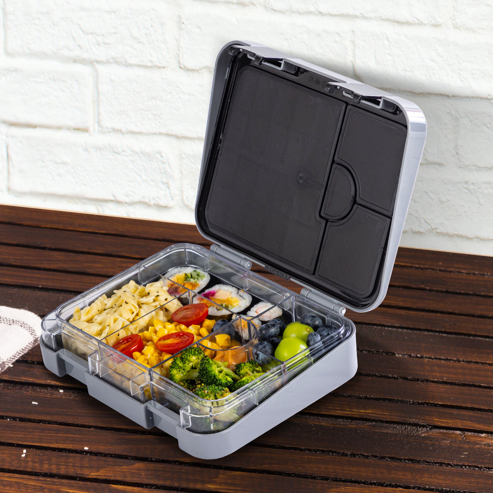 EAZY KIDS 6 & 4 Convertible Bento Lunch Box w/ Lunch Bag, Steel Spoon & Fork Set and Alphabets Sticker - Car Racing Blue