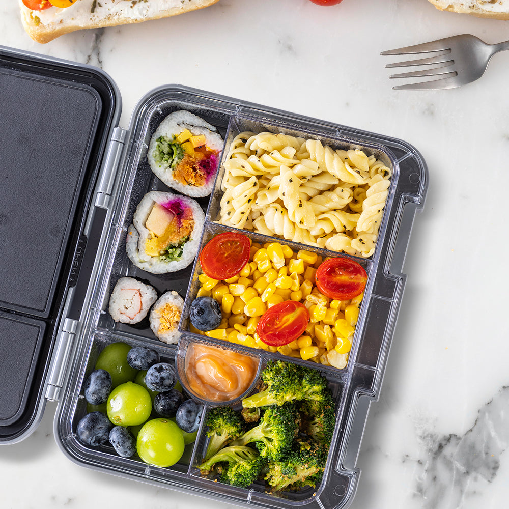 EAZY KIDS 6 & 4 Convertible Bento Lunch Box w/ Lunch Bag, Steel Spoon & Fork Set and Alphabets Sticker - Car Racing Blue