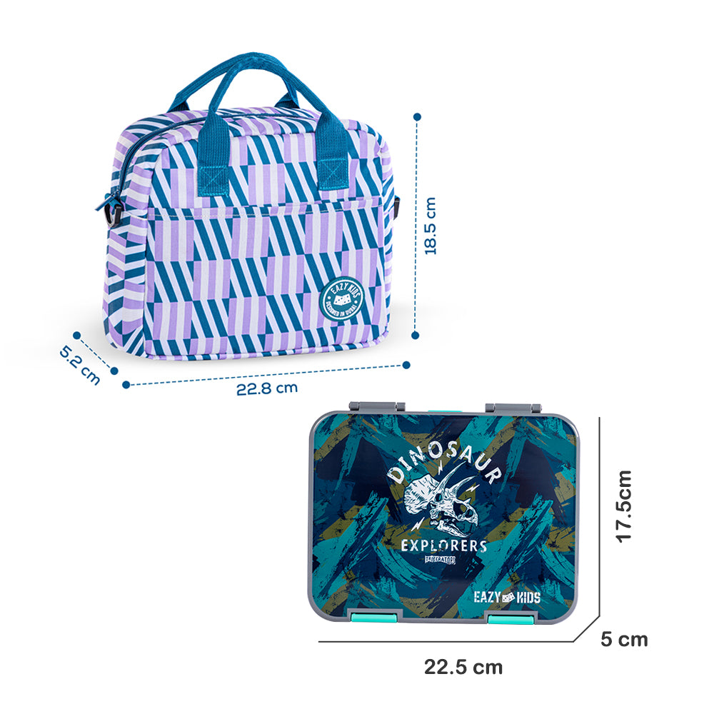 EAZY KIDS 6 & 4 Convertible Bento Lunch Box w/ Lunch Bag, Steel Spoon & Fork Set and Alphabets Sticker - T-Rex Grey