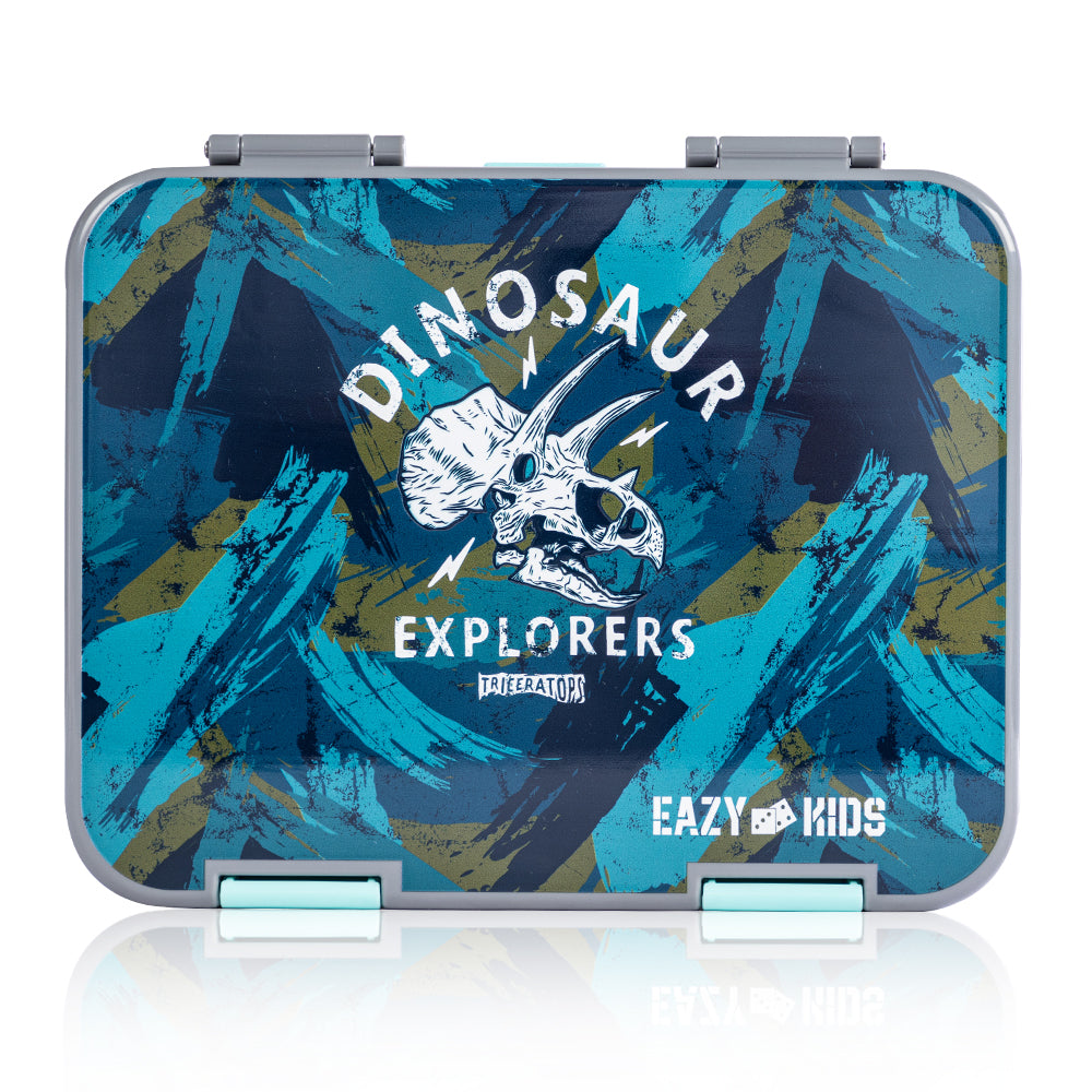 EAZY KIDS 6 & 4 Convertible Bento Lunch Box w/ Lunch Bag, Steel Spoon & Fork Set and Alphabets Sticker - T-Rex Grey