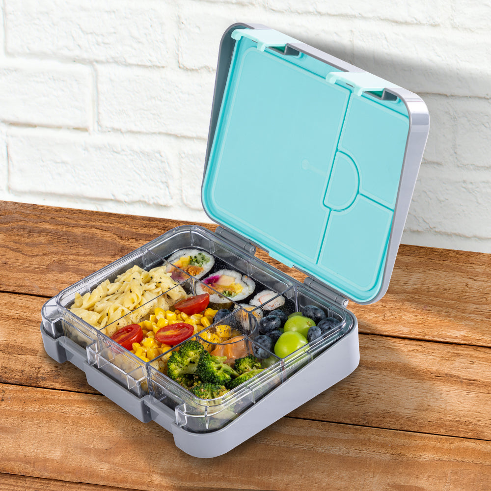 EAZY KIDS 6 & 4 Convertible Bento Lunch Box w/ Lunch Bag, Steel Spoon & Fork Set and Alphabets Sticker - T-Rex Grey