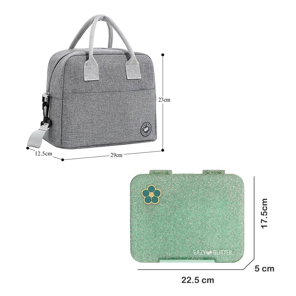 EAZY KIDS 6 & 4 Convertible Bento Lunch Box w/ Lunch Bag - Glitter Green