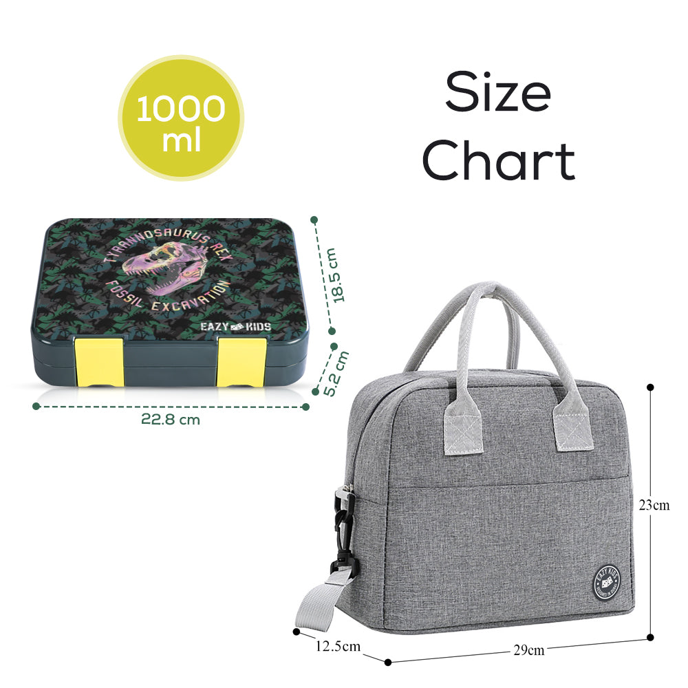 EAZY KIDS 6 & 4 Convertible Bento Lunch Box w/ Lunch Bag, Steel Spoon & Fork Set and Alphabets Sticker - T-Rex dino Grey